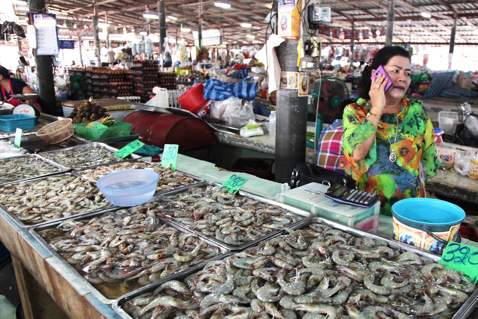 Perfektně čerstvé krevety nakupují Thajci na tržišti